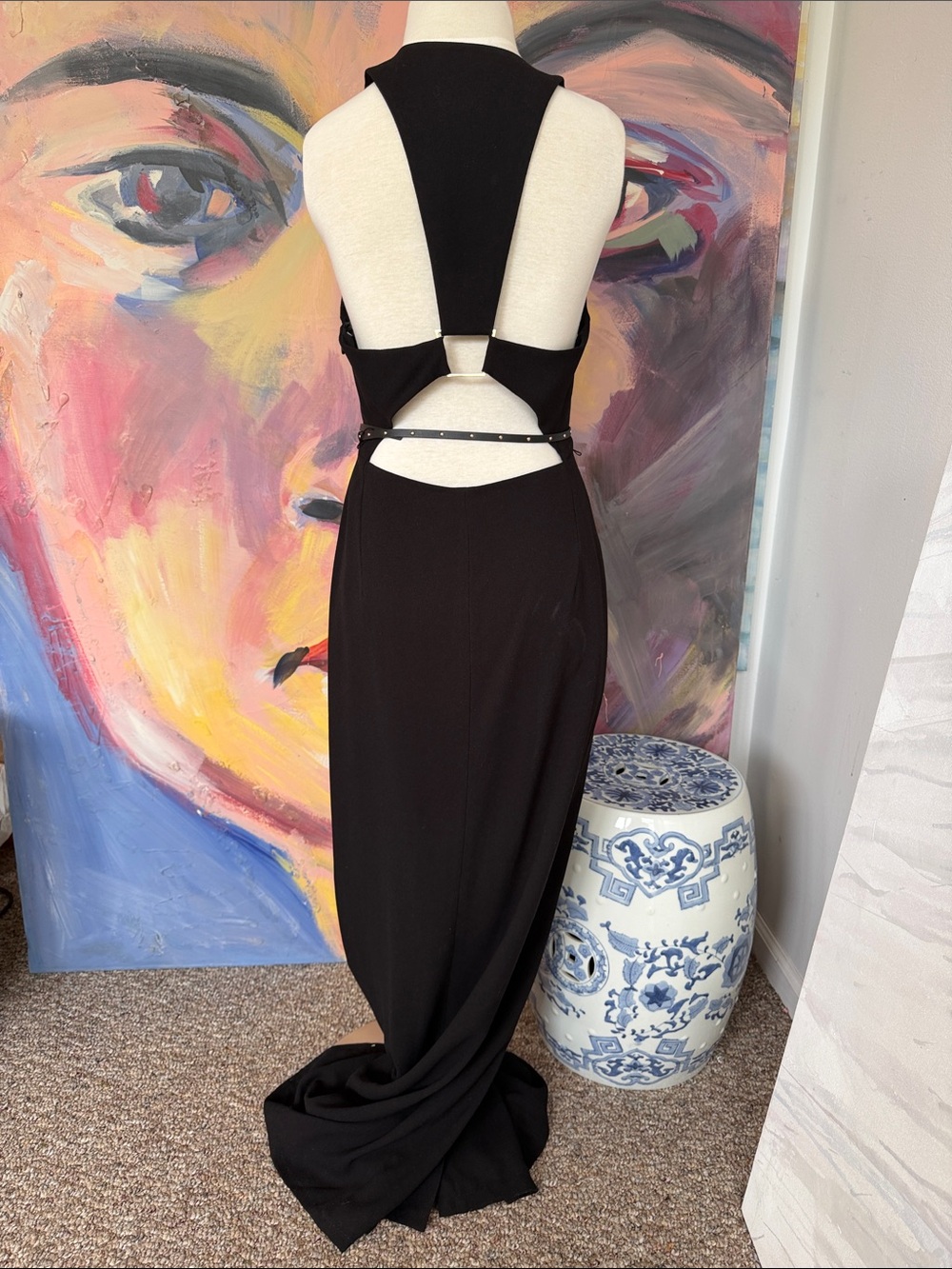 Halston Couture Elegant Black Halter Deep V-Neck Maxi Column Dress